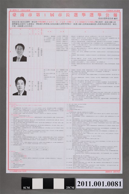 臺南市選舉委員會編印《臺南市第1屆市長選舉選舉公報》 (共2張)