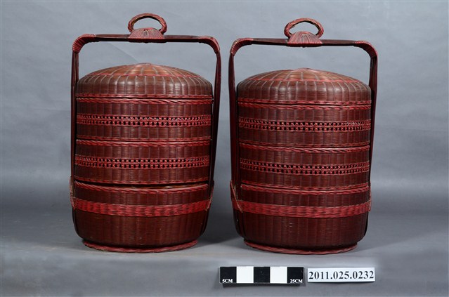 三層朱漆竹編對籃組 (共4張)