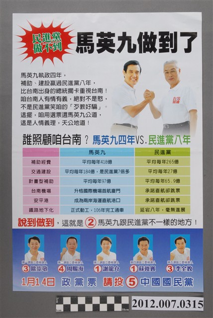 中華民國第13屆總統選舉候選人馬英九與吳敦義「對臺南的建設」競選文宣 (共2張)