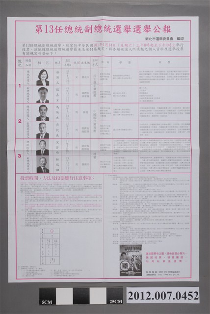 新北市選舉委員會編印《第13任總統副總統選舉選舉公報》 (共2張)
