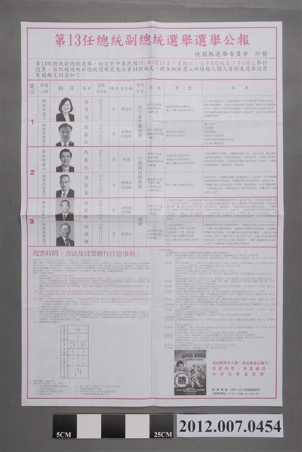 桃園縣選舉委員會印發《第13任總統副總統選舉選舉公報》 (共2張)