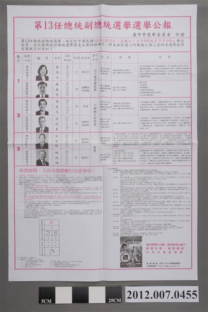 臺中市選舉委員會印發《第13任總統副總統選舉選舉公報》 (共2張)