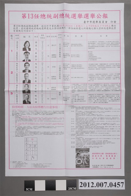 臺中市選舉委員會印發《第13任總統副總統選舉選舉公報》 (共2張)