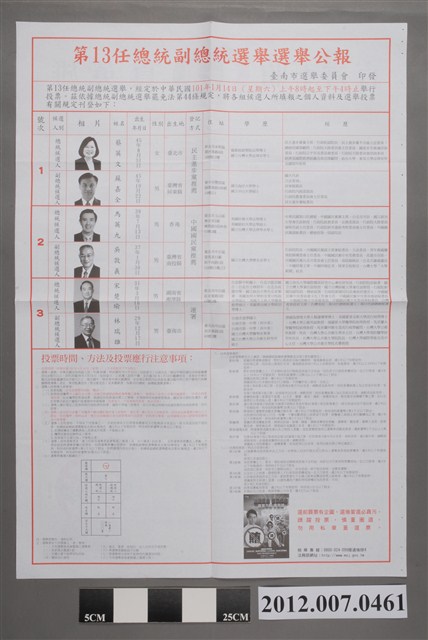 臺南市選舉委員會印發《第13任總統副總統選舉選舉公報》 (共2張)