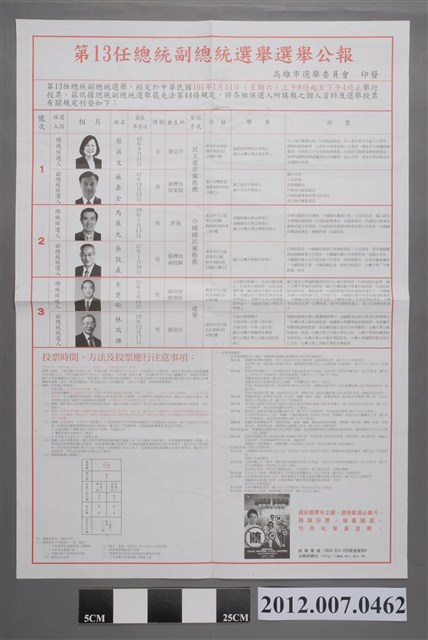 高雄市選舉委員會印發《第13任總統副總統選舉選舉公報》 (共2張)