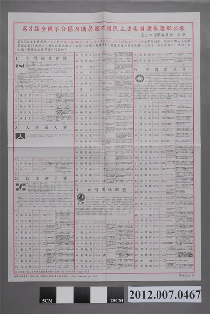 臺北市選舉委員會印發《第8屆全國不分區及僑居國外國民立法委員選舉選舉公報》 (共2張)