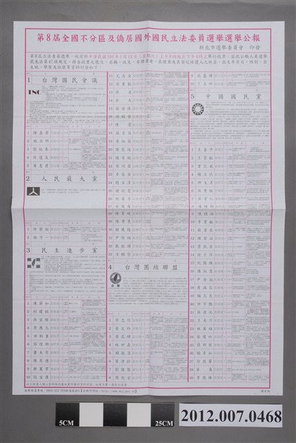 新北市選舉委員會印發《第8屆全國不分區及僑居國外國民立法委員選舉選舉公報》 (共2張)