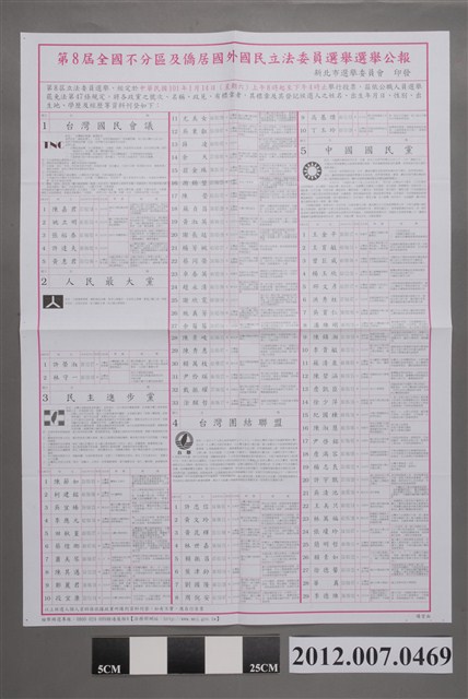 新北市選舉委員會印發《第8屆全國不分區及僑居國外國民立法委員選舉選舉公報》 (共2張)