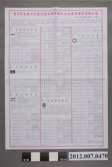 新北市選舉委員會印發《第8屆全國不分區及僑居國外國民立法委員選舉選舉公報》 (共2張)