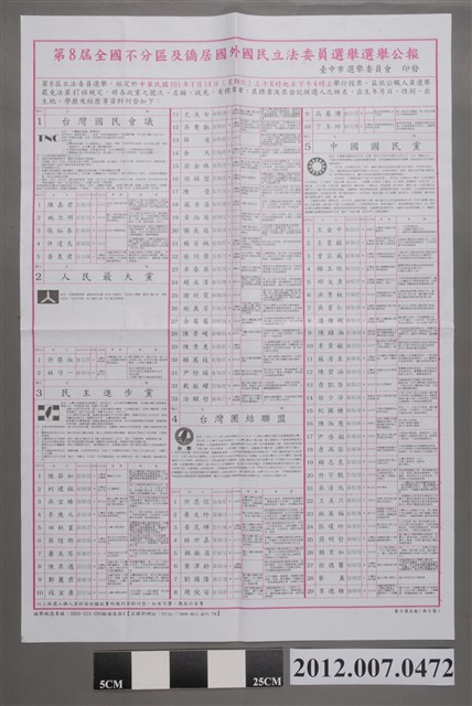 臺中市選舉委員會印發《第8屆全國不分區及僑居國外國民立法委員選舉選舉公報》 (共2張)