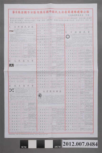 花蓮縣選舉委員會印發《第8屆全國不分區及僑居國外國民立法委員選舉選舉公報》 (共2張)