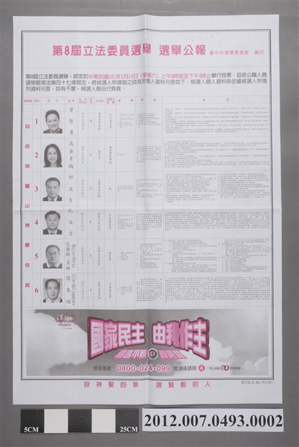 臺中市選舉委員會編印《第8屆立法委員選舉選舉公報》 (共2張)