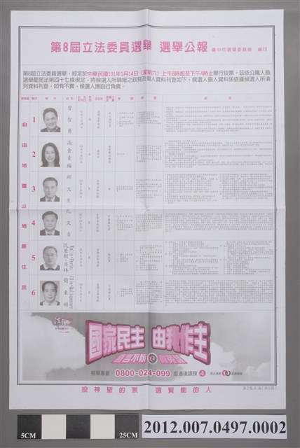 臺中市選舉委員會編印《第8屆立法委員選舉選舉公報》 (共2張)