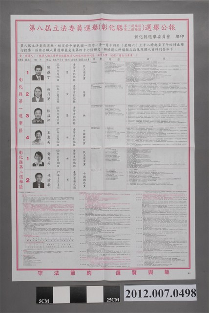 彰化縣選舉委員會編印《第8屆立法委員選舉選舉公報第1選舉區、第2選舉區》 (共2張)