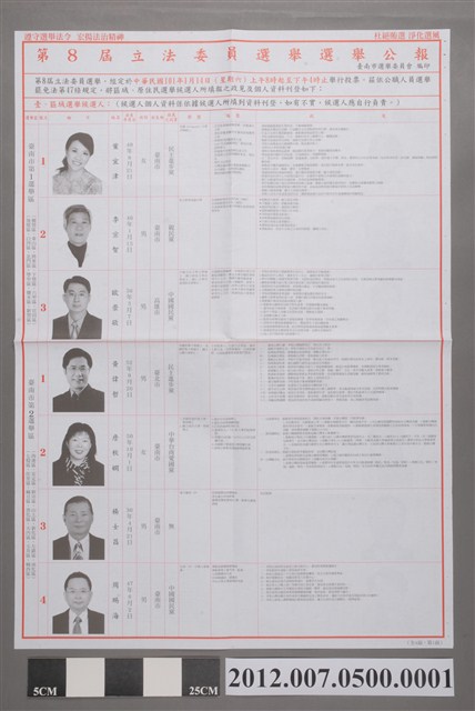 臺南市選舉委員會編印《第8屆立法委員選舉選舉公報》 (共2張)