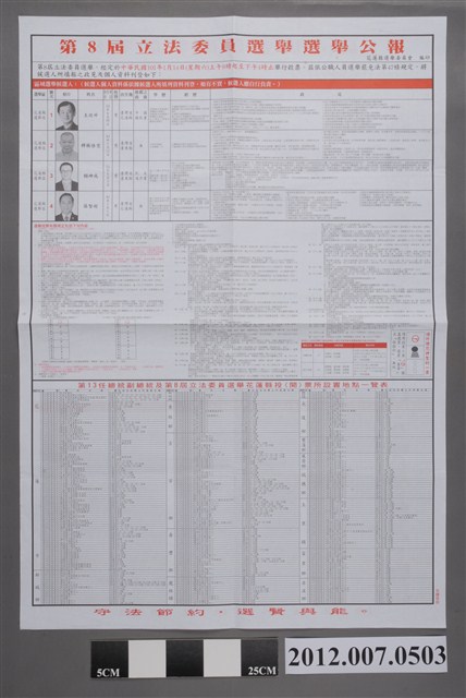 花蓮縣選舉委員會編印《第8屆立法委員選舉選舉公報》 (共2張)