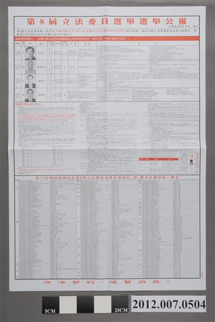 花蓮縣選舉委員會編印《第8屆立法委員選舉選舉公報》 (共2張)