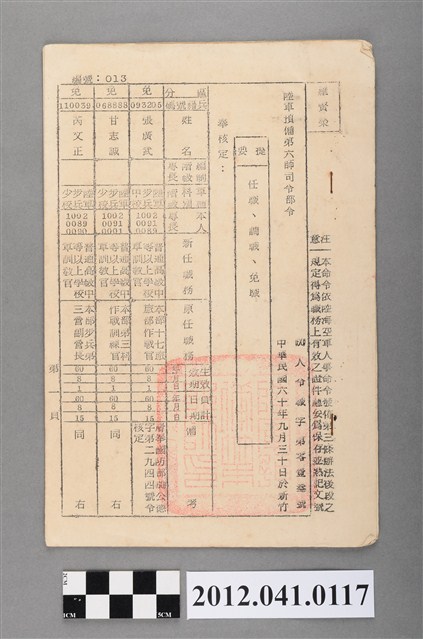民國60年陸軍預備第六師司令部人事調動令 (共3張)