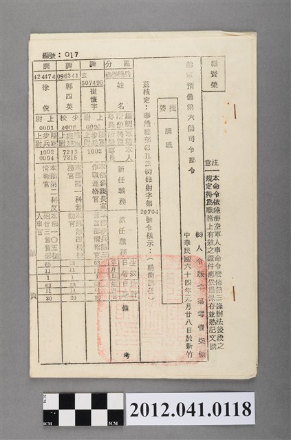 民國63年陸軍預備第六師司令部人事調動令 (共2張)