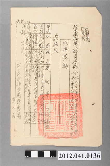 民國54年陸軍預備第八師司令部獎勵公文 (共2張)