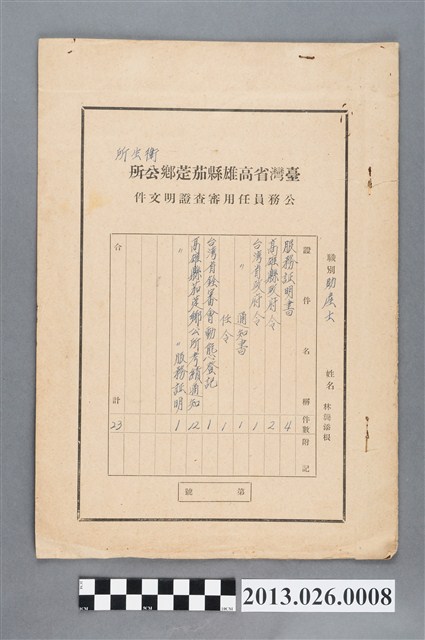 台灣省高雄縣茄萣鄉衛生所公務員任用審查證明文件 (共2張)