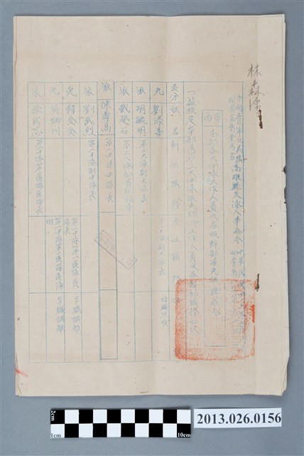 1956年6月20日中國青年反共救國團直屬台灣省高雄縣支隊派林森源擔任各大隊工作人員及各級幹部清冊 (共2張)