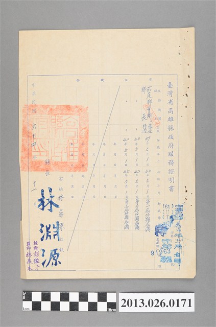 1975年11月台灣省高雄縣政府核發林森源服務證明書 (共2張)