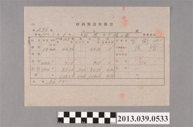 嘉南大圳組合〈砂利類送付傳票 第296號〉 (共2張)