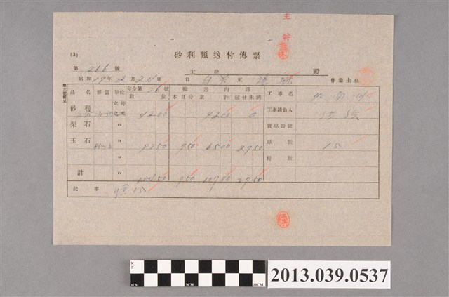 嘉南大圳組合〈砂利類送付傳票 第266號〉 (共2張)