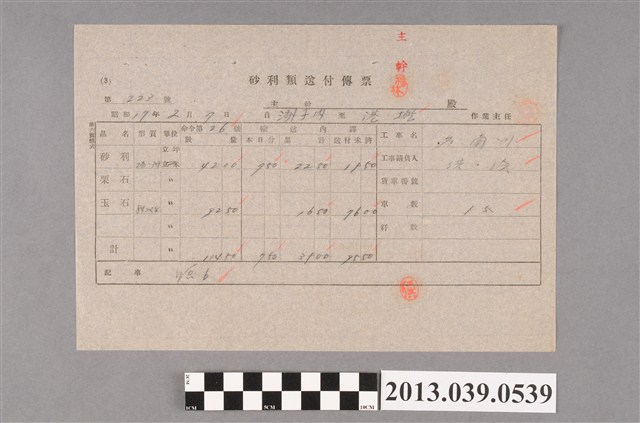 嘉南大圳組合〈砂利類送付傳票 第223號〉 (共2張)