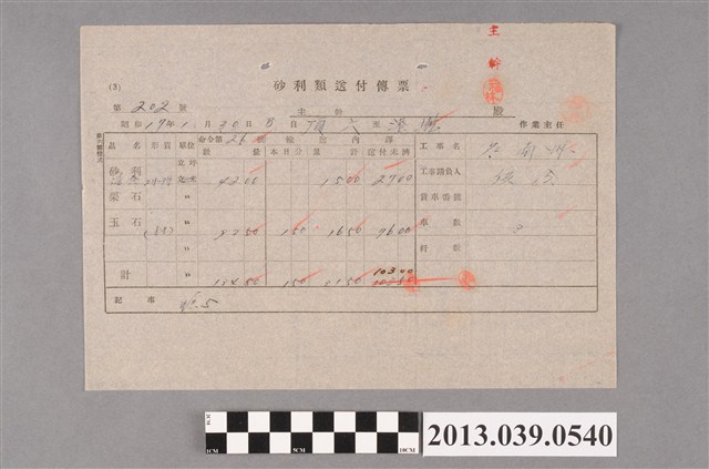 嘉南大圳組合〈砂利類送付傳票 第202號〉 (共2張)