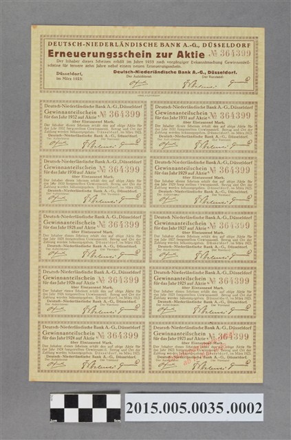德意志尼德蘭銀行1千馬克股票股息發放憑證 (共2張)