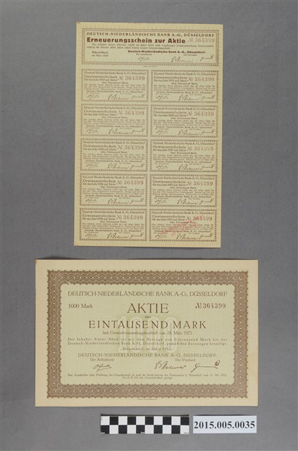 德意志尼德蘭銀行1千馬克股票及股息發放憑證 (共2張)