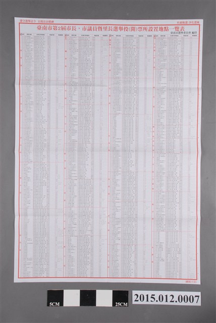  臺南市選舉委員會編印臺南市第2屆市長、市議員暨里長選舉投(開)票所設置地點一覽表 (共2張)