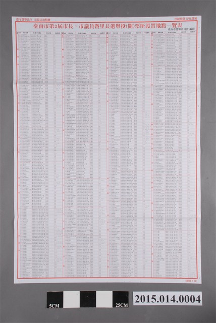  臺南市選舉委員會編印臺南市第2屆市長、市議員暨里長選舉投(開)票所設置地點一覽表 (共2張)