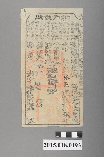 道光19年10月港東里鳳山縣給林毅納戶執照 (共2張)