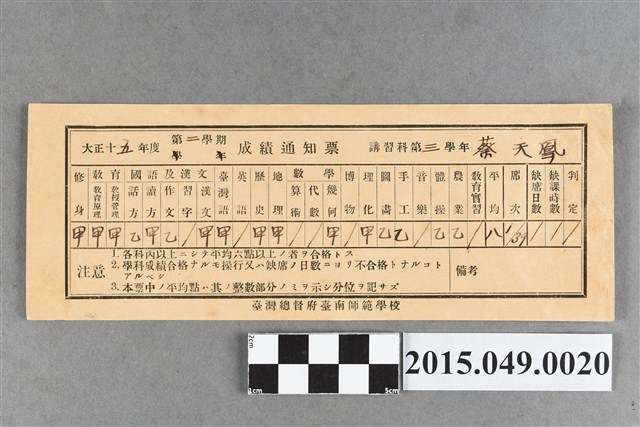 蔡天凰臺灣總督府臺南師範學校講習科第3學年第2學期成績通知單 (共2張)
