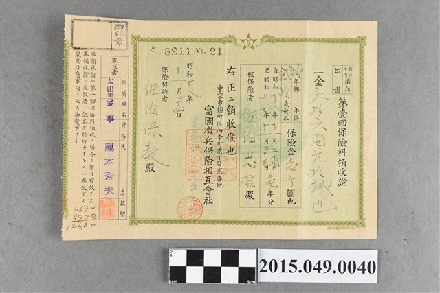 佐伯保教富國徵兵保險相互會社附增額金徵兵成功第一回保險費66.9圓收據 (共2張)