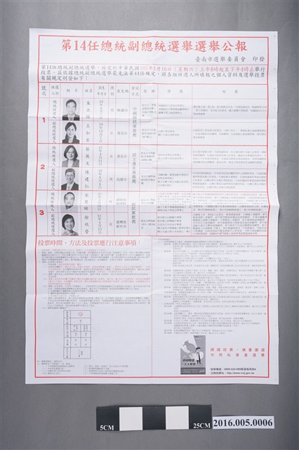 臺南市選舉委員會印發第14任總統副總統選舉選舉公報 (共2張)