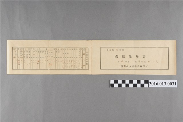 陳文炎嘉義農林學校第二學年成績通知書 (共1張)