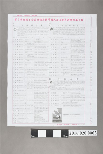 第九屆全國不分區及僑居國外國民立法委員選舉公報 (共2張)