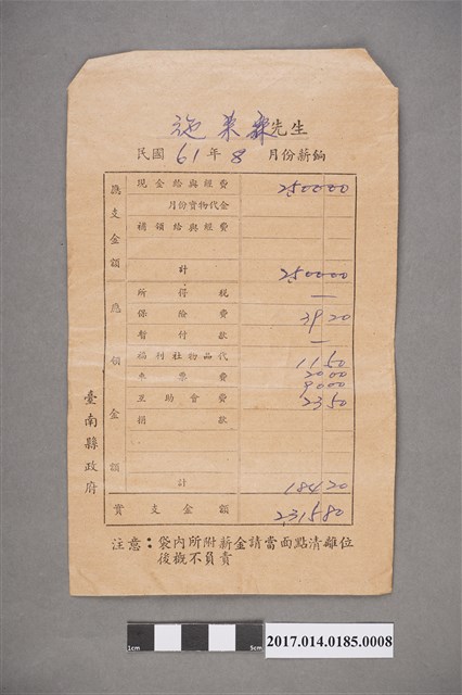 施榮霖民國61年8月薪資袋 (共2張)