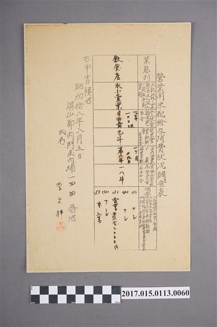 李文祥營業用米配給及消費狀況調查表 (共2張)