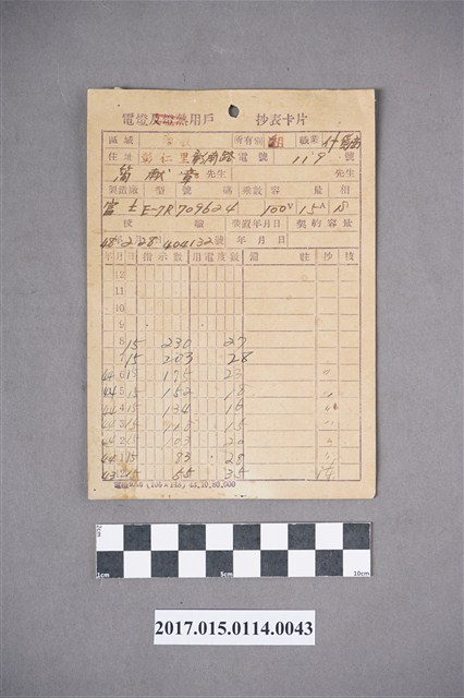 南投簡獻章電燈及燈熱用戶抄表卡片 (共4張)