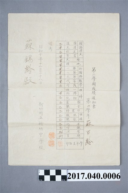 蘇百齡新竹州立新竹中學校第2學年第2學期成績通知書 (共5張)