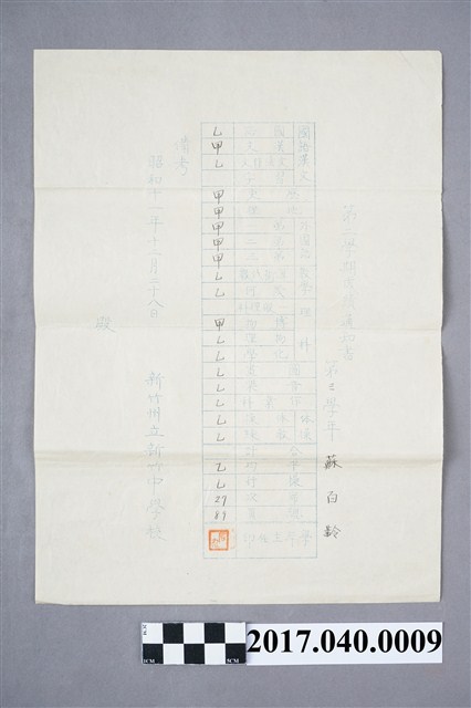 蘇百齡新竹州立新竹中學校第3學年第2學期成績通知書 (共5張)