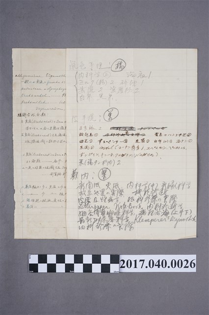 蘇百齡就讀長崎醫科大學時醫學散頁筆記 (共2張)