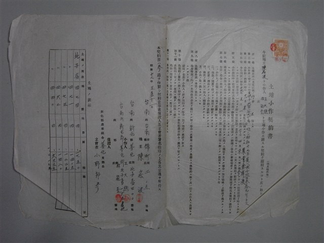 昭和17年5月31日陳崧波與王大總、林能奎立土地小作契約書 (共3張)