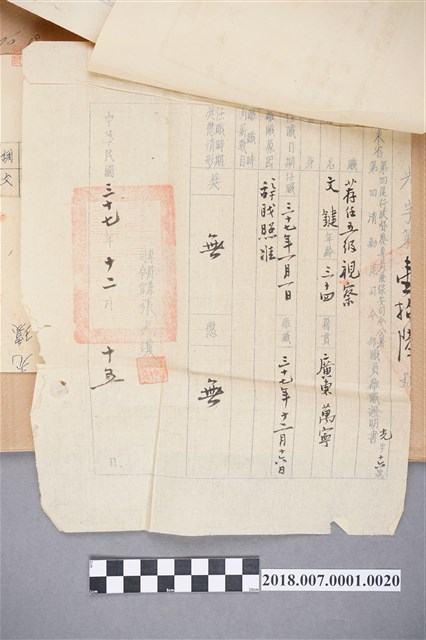 文鍵廣東省第四區行政督察專員兼保安司令公署第四清剿區司令部職員離職證明書 (共1張)