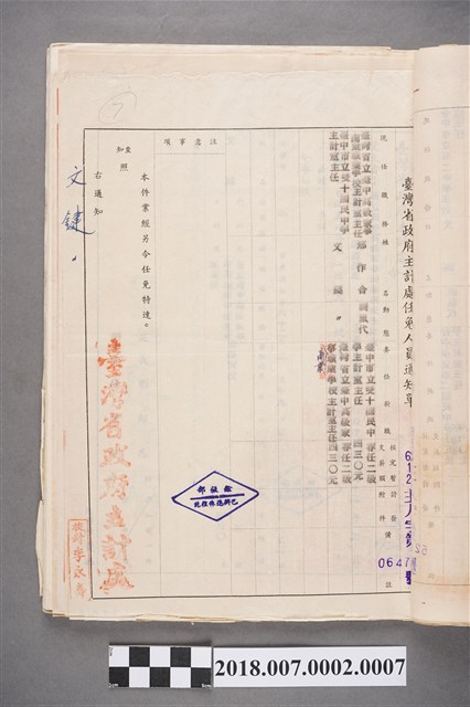 文鍵任臺中高級家事商業職業學校主計室主任之臺灣省政府主計處任免人員通知書 (共2張)